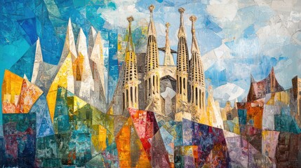 Poster - Colorful abstract representation of a famous architectural landmark surrounded by vibrant geometric shapes and sky