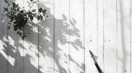 Aufkleber - White Wooden Wall Background with Plant Shadow and Gardening Tool