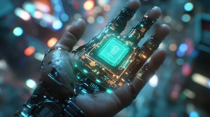 Futuristic robotic hand in city background.  Possible stock photo use