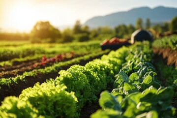 Aufkleber - Vibrant farm landscape under warm sunlight with fresh organic produce prepared for delivery Generative AI