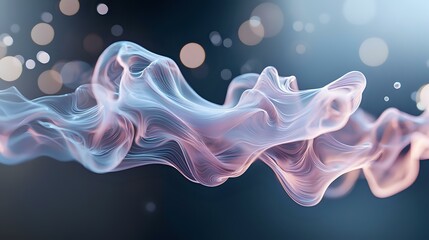 Poster - Ethereal flowing smoke in pink and blue colors creating abstract waves against dark background with bokeh light effects and dreamy atmosphere.