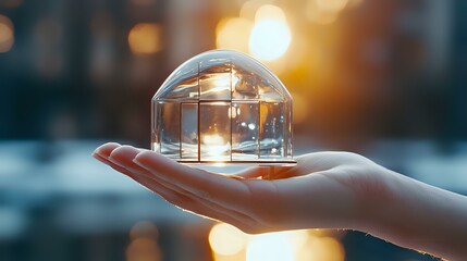 Poster - Female hand holding glass dome with glowing light inside against blurred bokeh background, creating magical atmosphere and dreamy illumination effect.