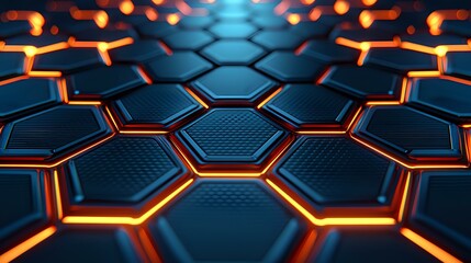 Aufkleber - Futuristic hexagonal grid pattern with glowing orange edges against dark blue metallic surface creates dynamic technological background for modern designs.