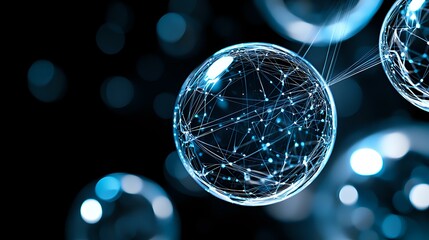 Poster - glowing spherical network structure with connected dots and lines on dark background with bokeh ligh