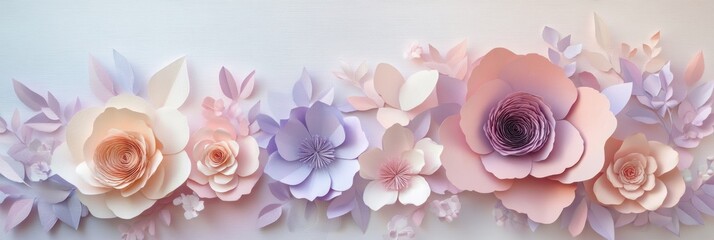 Poster - Floral paper art composition with delicate layered flowers in soft pink and purple tones showcasing intricate cutout details