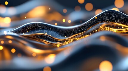 Poster - Abstract flowing waves with glowing golden particles and bokeh lights against dark background create luxurious dynamic composition for modern design projects.