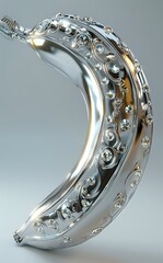 Poster - Luxurious silver banana-shaped sculpture adorned with diamonds and intricate swirling patterns on metallic surface against gray background, featuring elegant jewelry design.