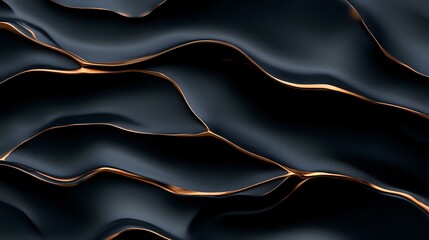 Poster - Abstract black wavy layers with glowing copper edges create dynamic flowing pattern. Elegant dark background design with metallic accent lines for luxury branding.