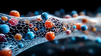 Aufkleber - Vibrant orange and blue spheres trapped in delicate white mesh network against dark background, creating futuristic molecular or neural network visualization.