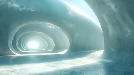 Poster - Futuristic curved tunnel with glowing light at end, featuring smooth white architectural elements and ethereal atmosphere in cool blue tones. Sci-fi interior concept.