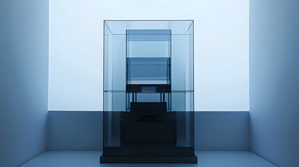 Poster - Minimalist architectural composition with layered transparent glass panels creating depth and perspective in cool blue tones, modern abstract interior design element.