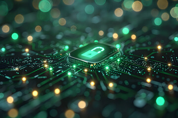Poster - Glowing microchip on circuit board with green and gold bokeh lights creating futuristic technology atmosphere. Digital security concept for cybersecurity designs.