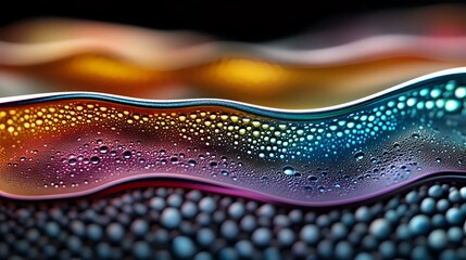 Poster - Colorful liquid waves with bubbles and droplets creating abstract macro photography art. Dynamic fluid surface with vibrant orange, blue and purple colors.