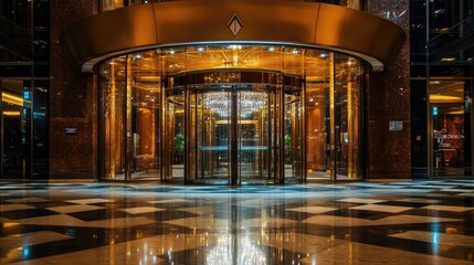 Poster - Elegant five-star hotel entrance with a revolving glass door and a grand chandelier inside.