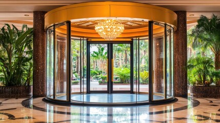 Poster - Elegant five-star hotel entrance with a revolving glass door and a grand chandelier inside.