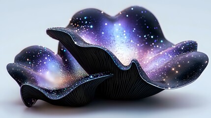 Poster - Mystical glowing sea shell with cosmic galaxy pattern featuring purple and blue nebula effects against black background, luminous starry design.