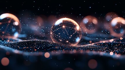 Poster - Glowing orange light rings float over dark surface with scattered sparkles and bokeh effects creating magical atmospheric composition. Suitable for abstract backgrounds.
