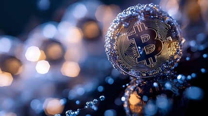 Poster - Golden cryptocurrency coin with bitcoin symbol on dark background with bokeh lights and reflective surface creating magical atmosphere for finance concept.