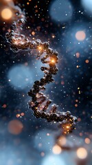 Poster - Glowing DNA helix structure with sparkles and bokeh effects on dark blue background, science concept for genetics and biotechnology research.