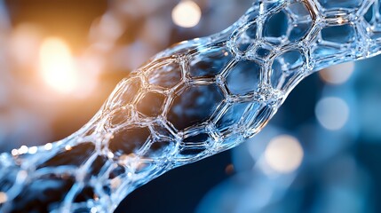 Poster - macro view of nanotechnology structure with hexagonal mesh pattern in blue tones against dark backgr