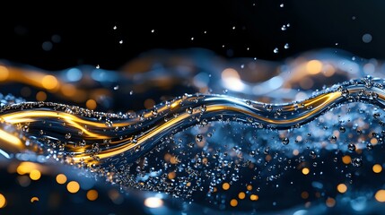 Poster - Flowing golden waves with sparkling water drops against dark background create mesmerizing abstract pattern with bokeh lights and glowing particles.