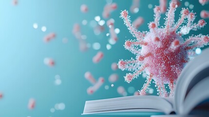Poster - Microscopic virus emerging from open book pages against blue background, scientific education concept illustrating viral knowledge and research studies.