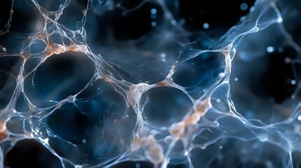 Aufkleber - Microscopic view of neural network connections with glowing synapses in blue and orange tones showing brain cell communication patterns against dark background.
