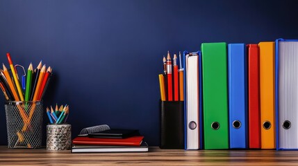 Poster - Neatly stacked subject binders with assorted school accessories on a dark blue background.