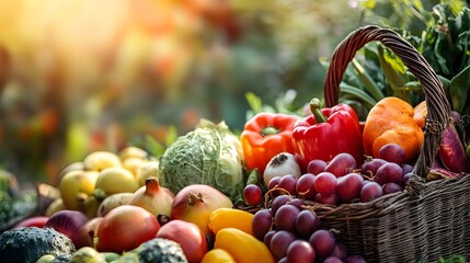 Poster - Wicker basket overflowing with fresh organic vegetables and fruits
