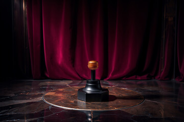 Poster - a spotlight shines on a golden object atop a dark stand, centered on a stage with rich red velvet cu