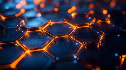 Poster - glowing orange hexagonal molecular structure on dark background with blue highlights, scientific con