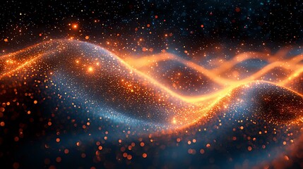 Poster - Glowing orange and blue waves of light particles flow through dark space creating magical cosmic effect with sparkling bokeh dots and luminous energy streams.