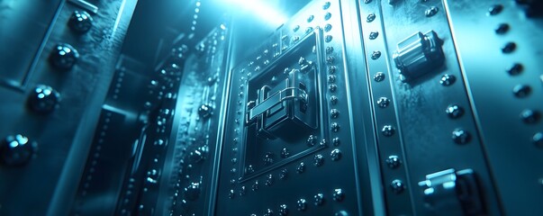 Poster - Futuristic vault door secured with complex locking mechanism in blue light