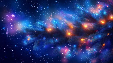 Poster - Illuminated pine branch with colorful lights against a dark blue, starry night background.