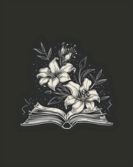 Poster - Magical open book with blooming lily flowers emerging from pages, white line art on dark background. Fantasy literature and reading concept illustration.