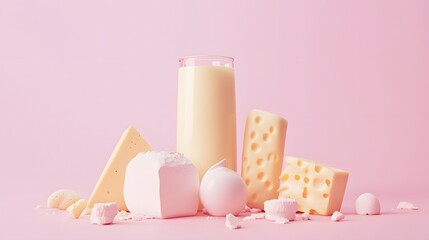Poster - Glass of milk with cheese and pink meringue on pink background