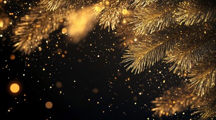 Poster - Golden fir branches with bokeh lights and glitter on a dark background.