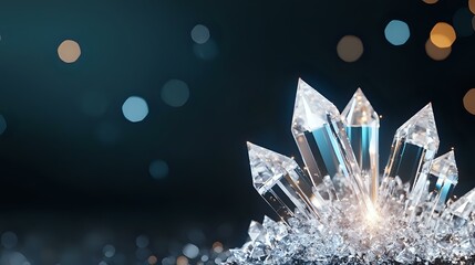 Poster - Magical crystal cluster formation with glowing light and bokeh effect on dark background, mystical mineral growth with transparent quartz points.