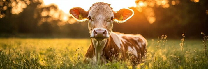 Aufkleber - Joyful dairy cow enjoying a lush green meadow under golden sunlight in a serene environment at sunset Generative AI