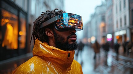 Man in yellow raincoat using VR headset on city street.