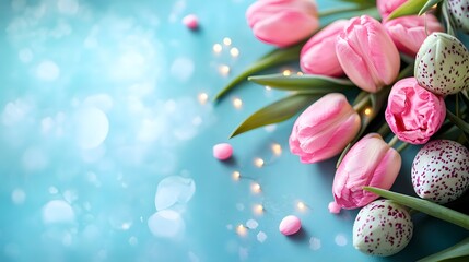 Poster - Pink tulips and easter eggs creating festive spring ambiance on light blue background