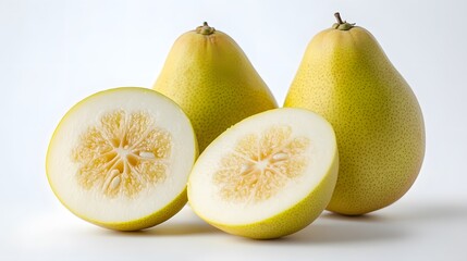 Poster - Two whole pomelos and two halves showing the pulp on white background