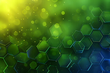 Poster - abstract molecular structure with hexagonal pattern on gradient background from yellow to green and 