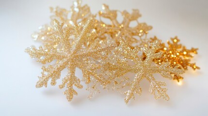 Poster - Sparkling gold and champagne glitter snowflakes on white background.