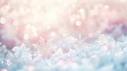 Poster - Close-up of delicate snowflakes on snowy surface, illuminated by soft, warm light, creating a dreamy winter scene.