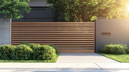 Poster - Modern wooden gate protecting contemporary suburban home