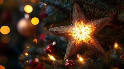 Poster - Illuminated star ornament on a decorated Christmas tree with bokeh lights.