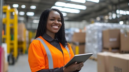 Poster - Smiling black female supervisor using digital tablet in warehouse