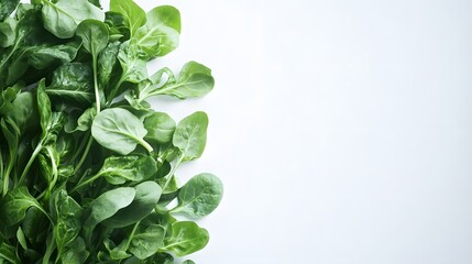 Poster - Fresh baby spinach leaves forming a vertical border on white background