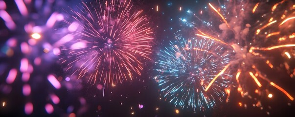 Fototapete - Colorful fireworks exploding in night sky during festive celebration